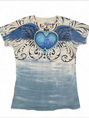 Vintage Y2K Sinful By Affliction Heart With Wings And Cross Shirt XL